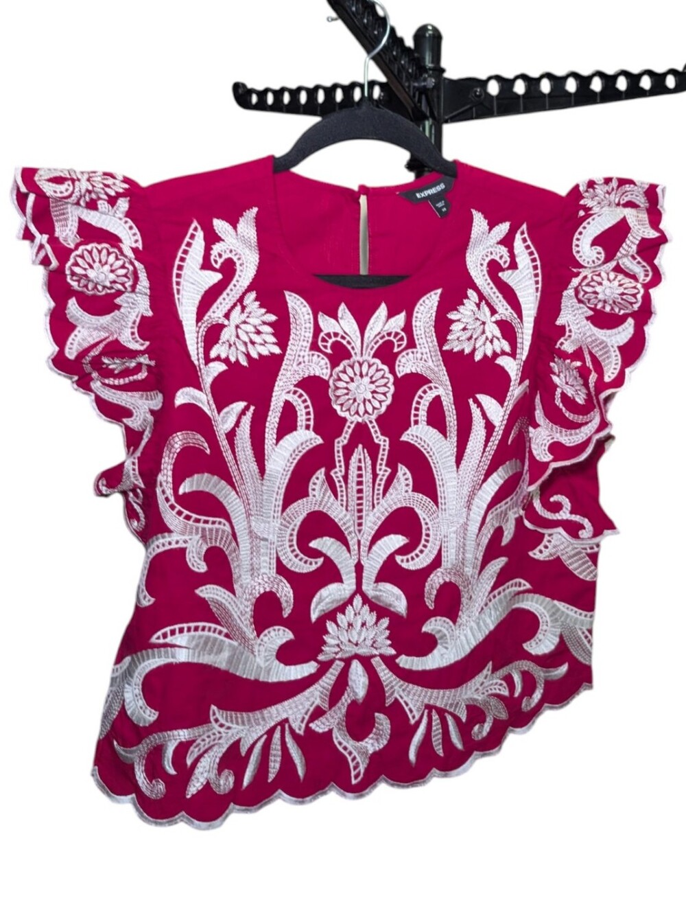 Express Magenta Top with White Embroidered Floral Detail